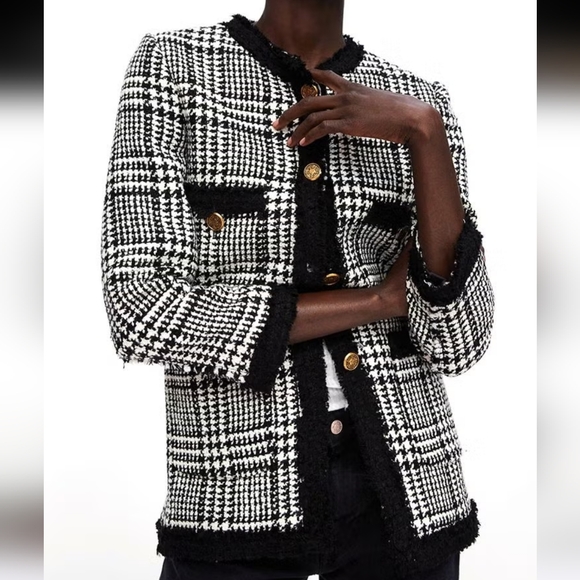 Zara Jackets & Blazers - Zara Wool Blend Long Tweed Plaid Houndstooth Lady Jacket Blazer Sz XL Elegant